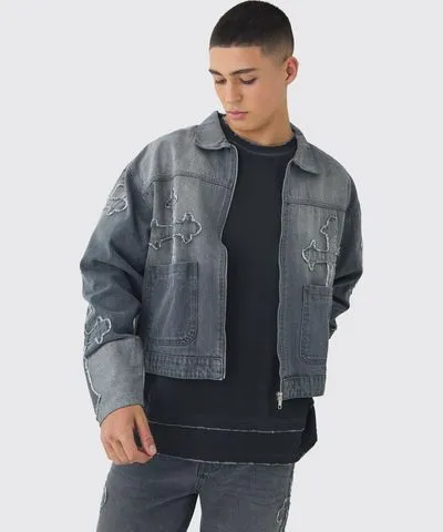 boohoo Mens Boxy Fit Cross Applique Denim Bomber