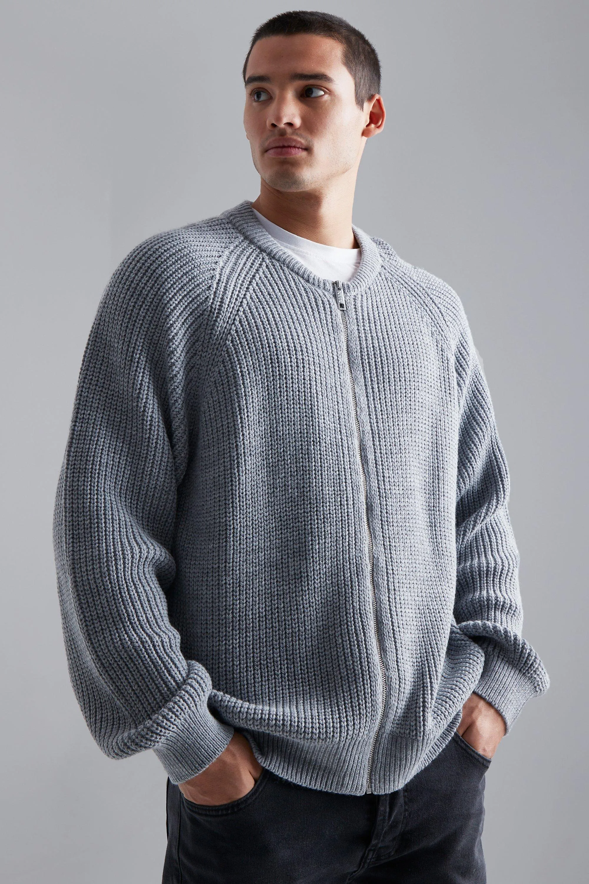 Collarless Ribbed Chunky Knitted Bomber