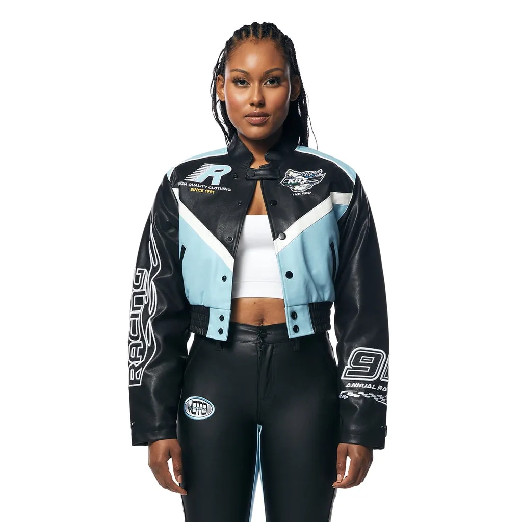 Cropped Vegan Leather Racing Bomber Jacket - Blue