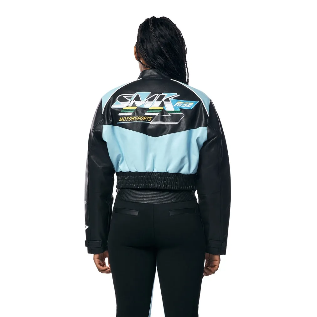 Cropped Vegan Leather Racing Bomber Jacket - Blue