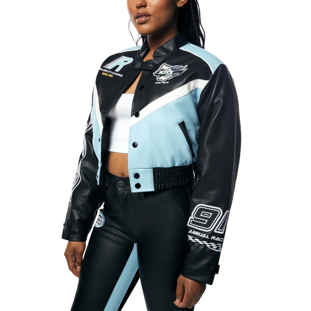 Cropped Vegan Leather Racing Bomber Jacket - Blue