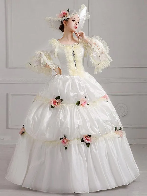 Ecru White  Retro Tudor Dress Costumes  Flowers Polyester Dress Women's Vintage Tunic Marie Antoinette Costume Vintage Clothing