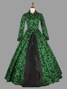 Green  Retro Tudor Dress Costumes  Women's Floral Print Marie Antoinette Costume Polyester Tunic Dress Retro Party Prom Dress