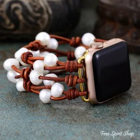 Handmade Pearl and Leather Apple Watch Band