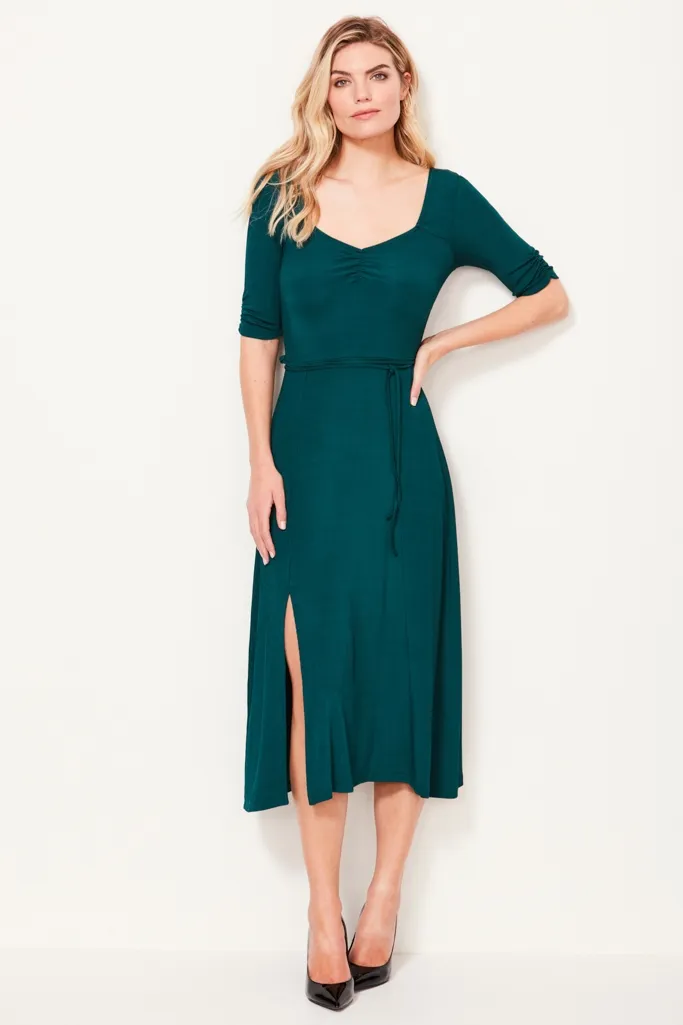 Jade Green Ribbed Sweetheart Neckline Jersey Dress