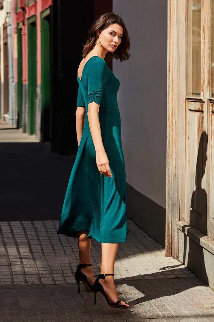 Jade Green Ribbed Sweetheart Neckline Jersey Dress