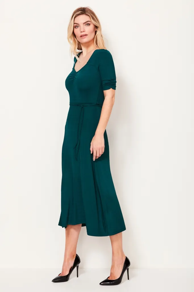 Jade Green Ribbed Sweetheart Neckline Jersey Dress