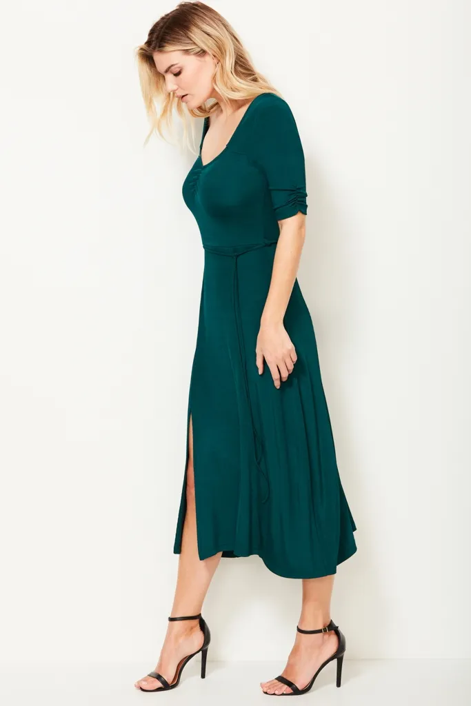 Jade Green Ribbed Sweetheart Neckline Jersey Dress