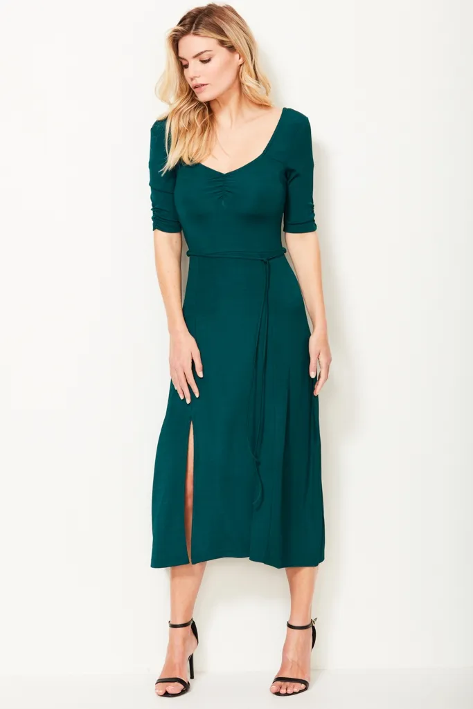 Jade Green Ribbed Sweetheart Neckline Jersey Dress