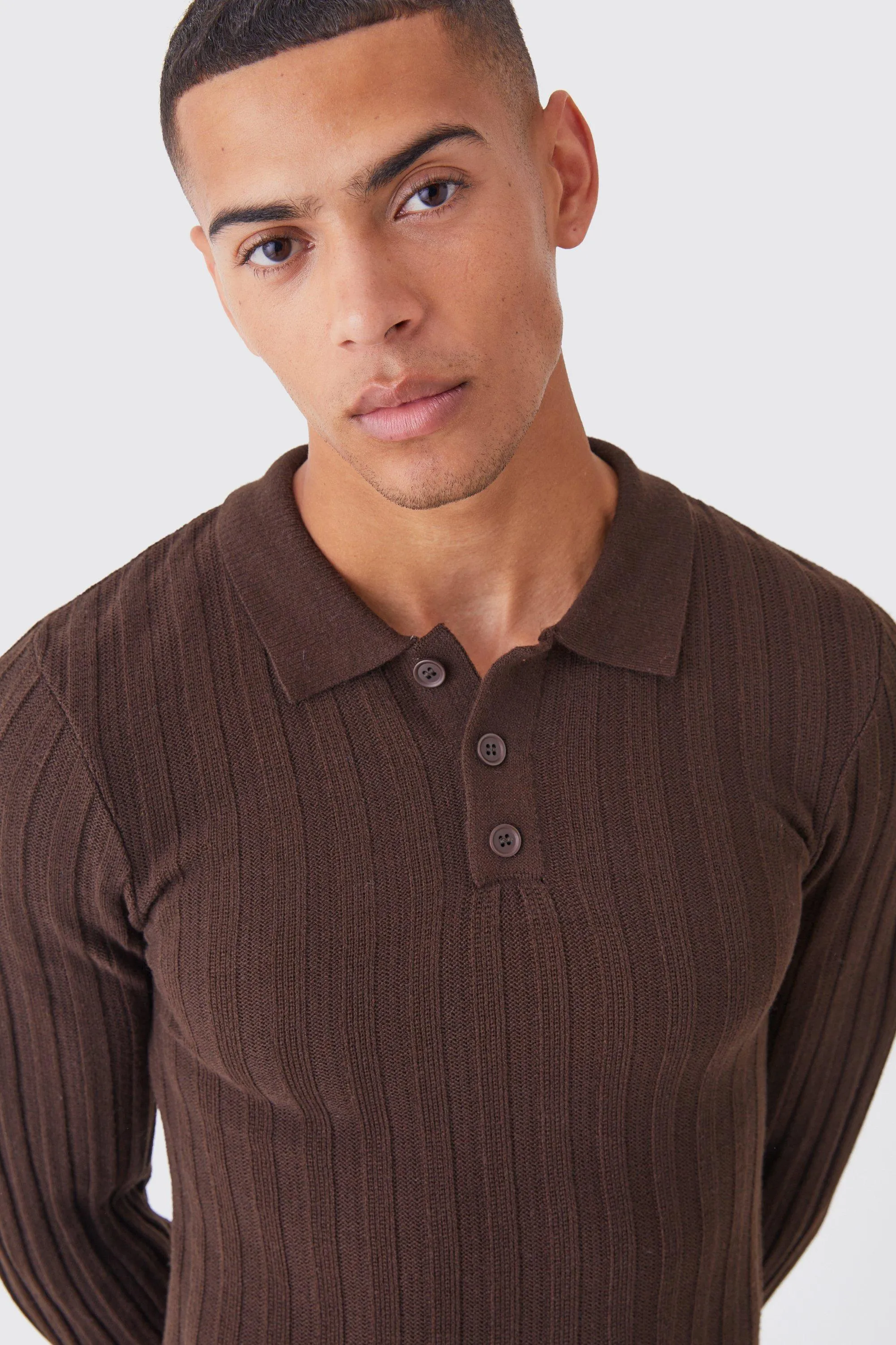 Long Sleeve Muscle Ribbed Polo | boohooMAN UK