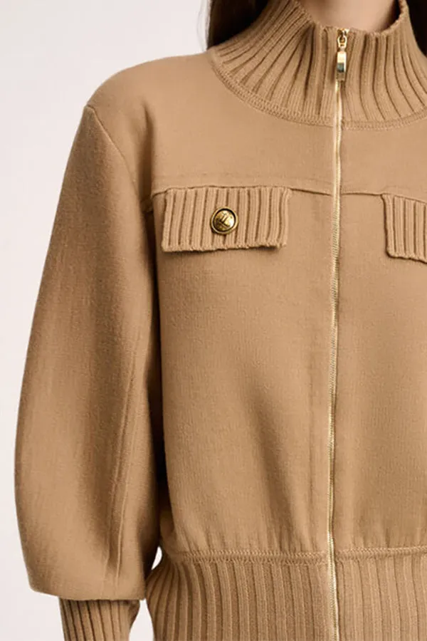 Luisa Spagnoli MERLO CAMEL KNIT BOMBER JACKET