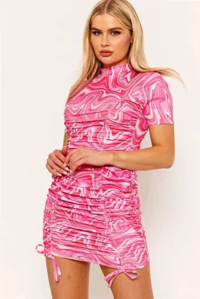 Marble Print Ribbed Pink Ruched Dress