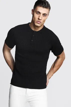 Muscle Fit Ribbed Knitted Polo | boohooMAN UK