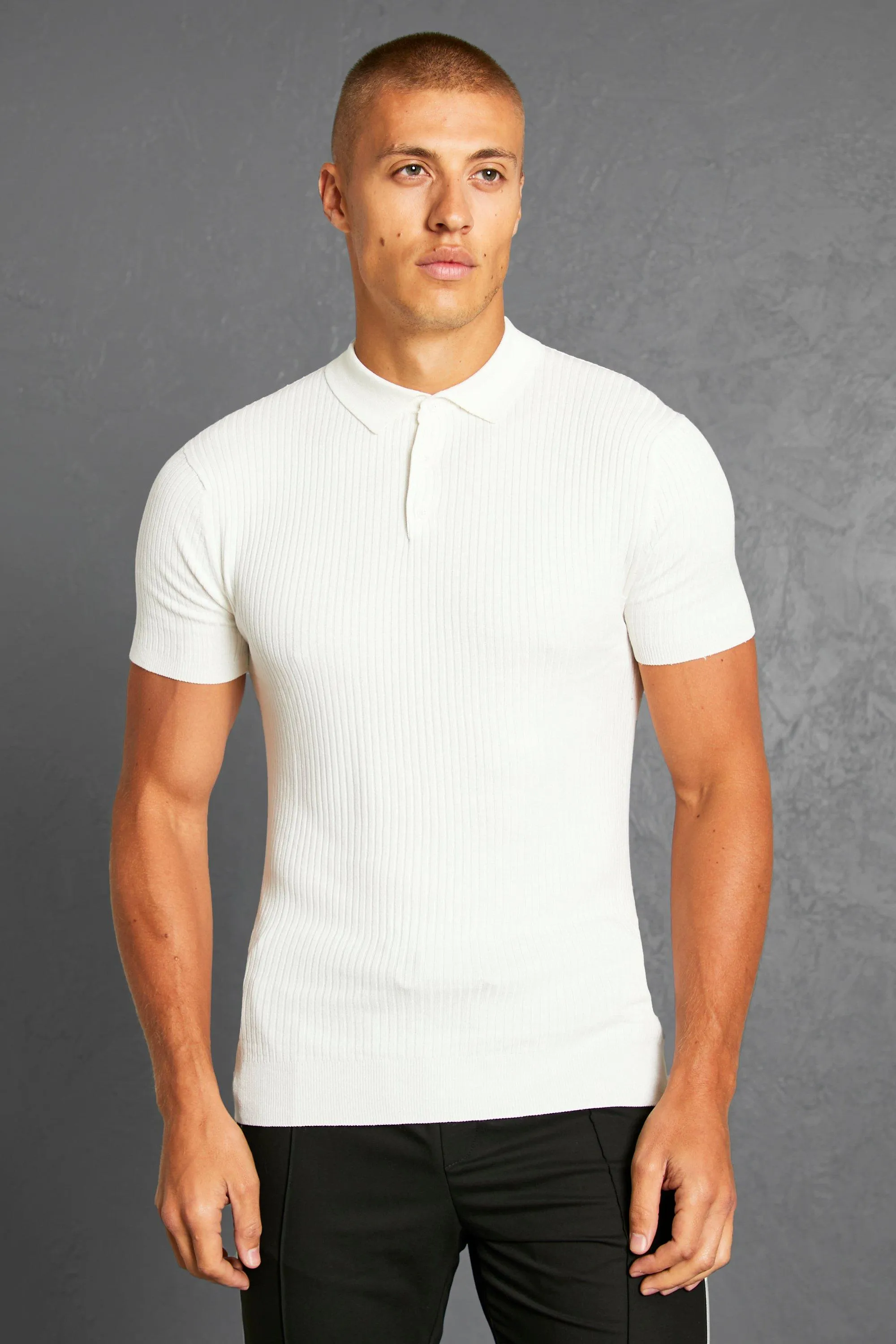 Muscle Short Sleeve Ribbed Polo | boohooMAN UK