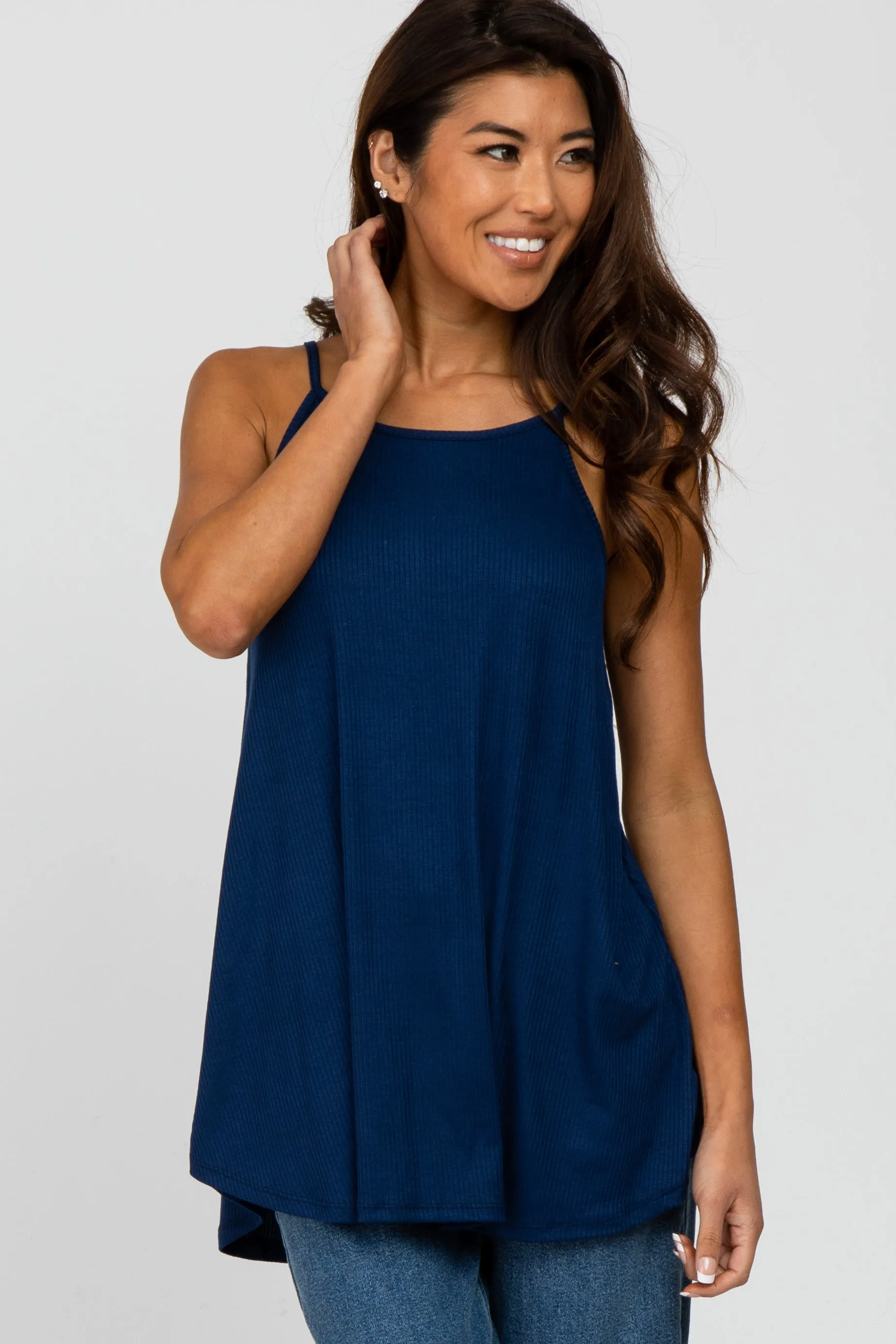 Navy Ribbed Sleeveless Maternity Top