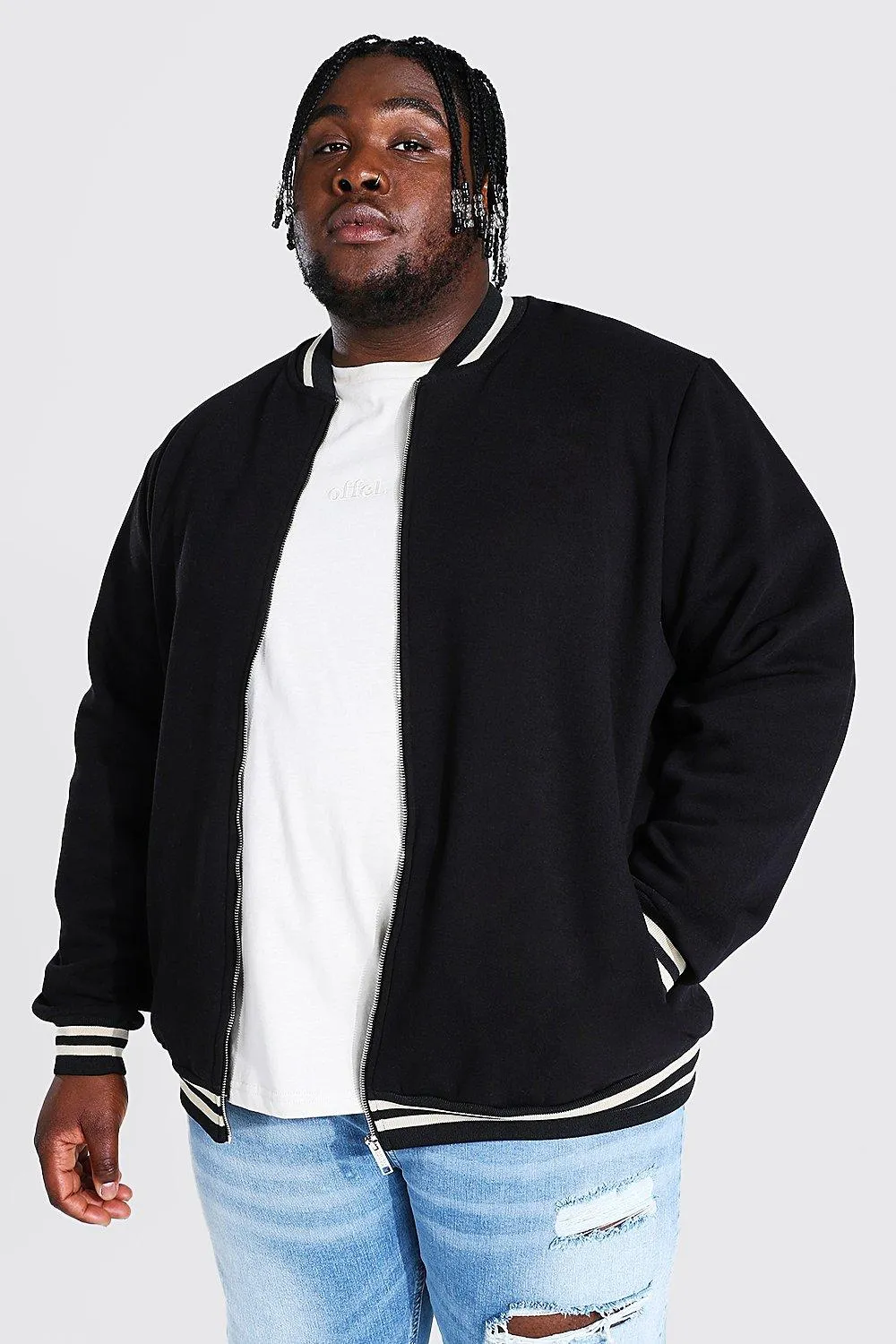 Plus Size Man Script Hem Detail Jersey Bomber