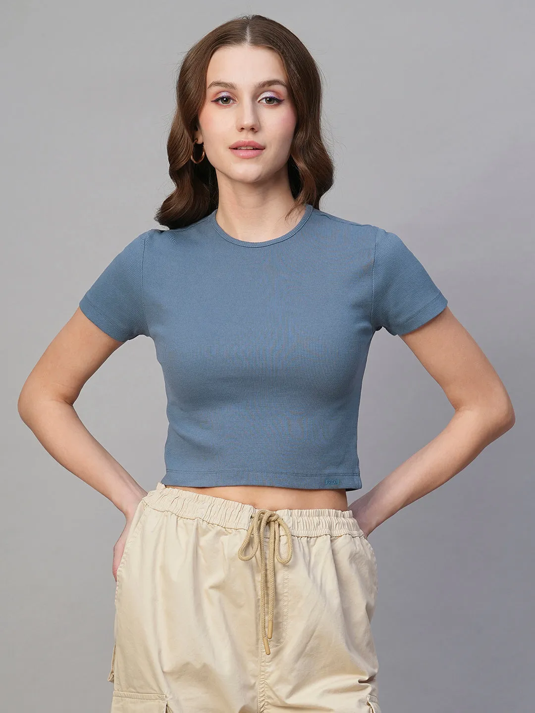 Pronk Ribbed Half Sleeve Crop Top - Denim Blue