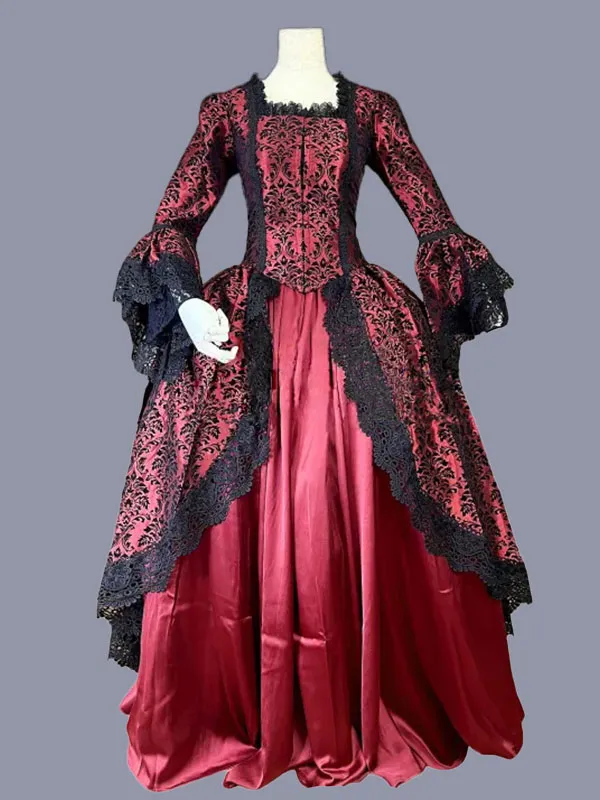 Red  Retro Tudor Dress Costumes  Ruffles Polyester Marie Antoinette Costume Floral Print Dress Women's Retro Tunic Party Prom Dr