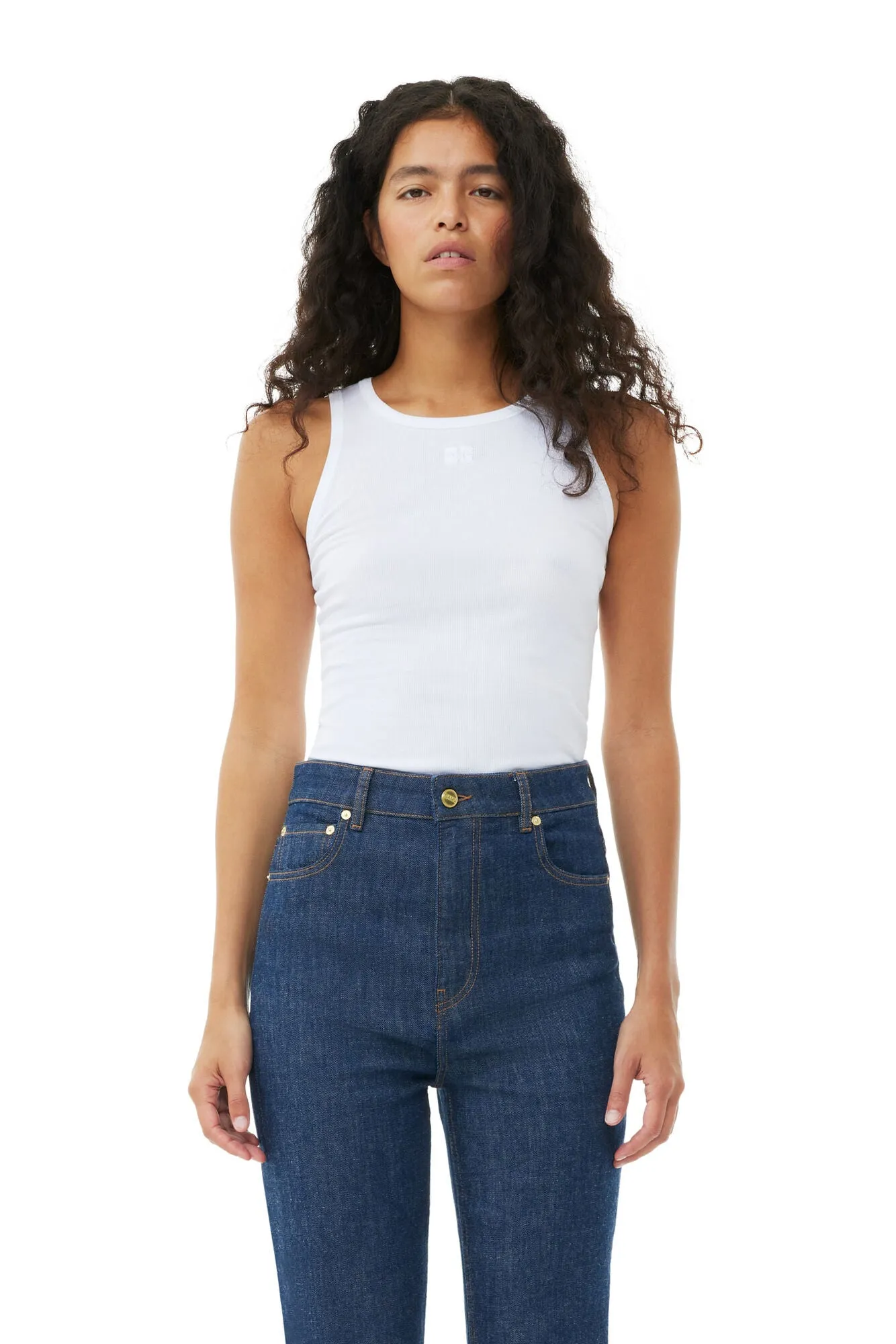 SOFT COTTON RIBBED TANK TOP WHITE - GANNI