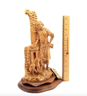 St. Joseph The Carpenter with Jesus Playing Sculpture, 14.2 Holy Land Olive Wood Carving