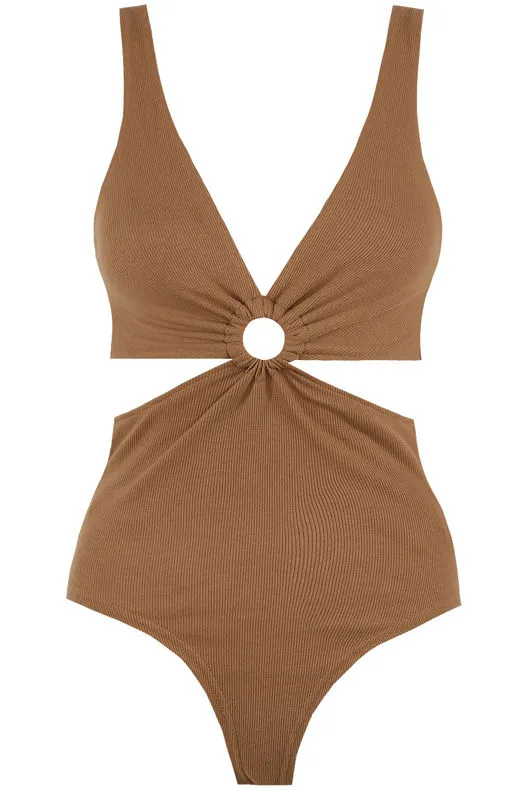 Taupe Cut Out Key Hole Ribbed Bodysuit