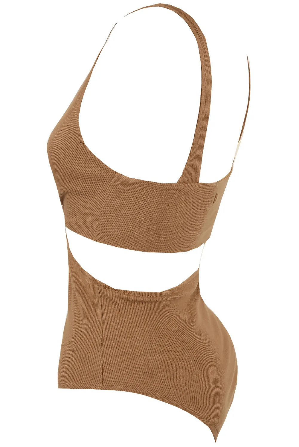 Taupe Cut Out Key Hole Ribbed Bodysuit