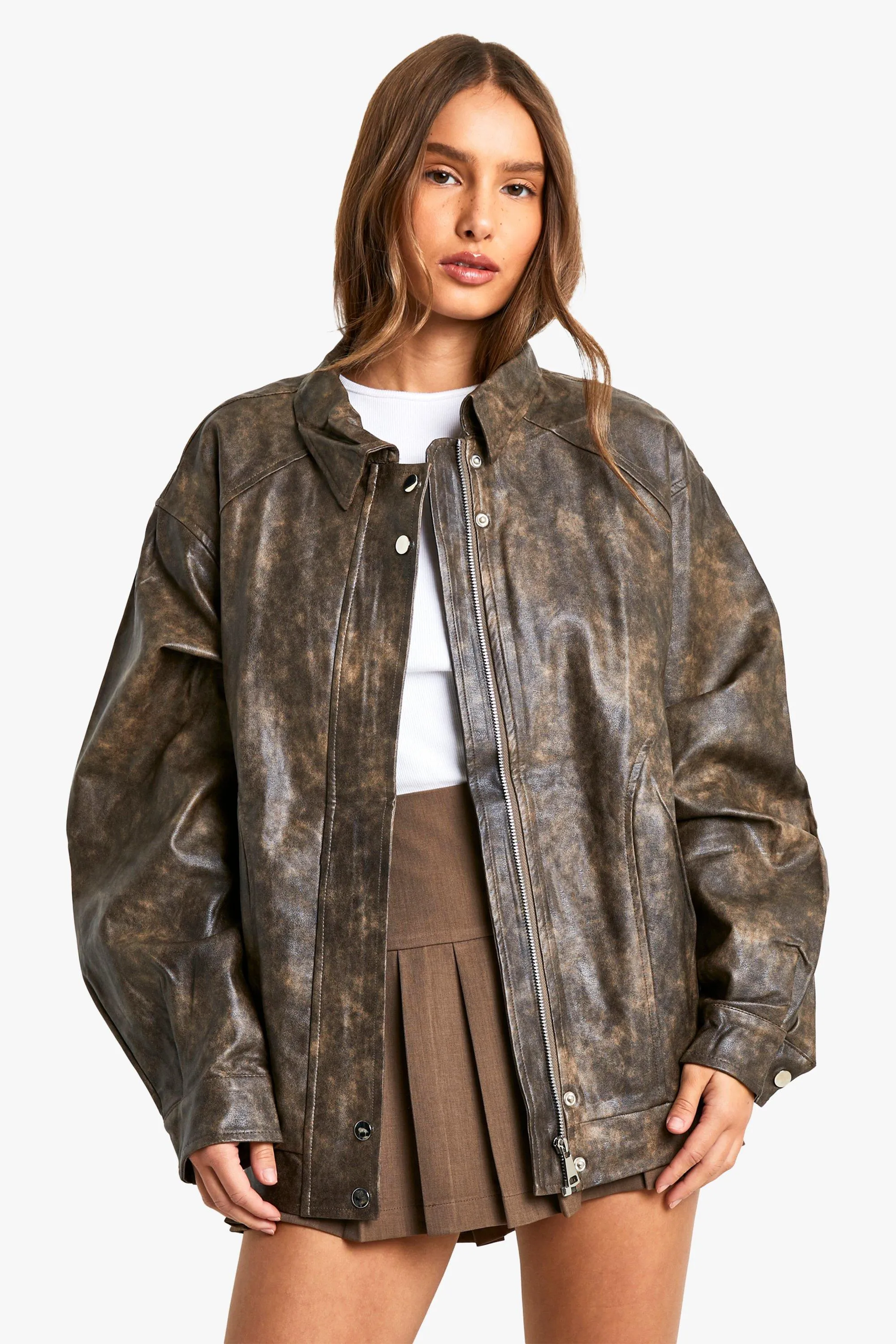 Vintage Look Faux Leather Bomber Jacket