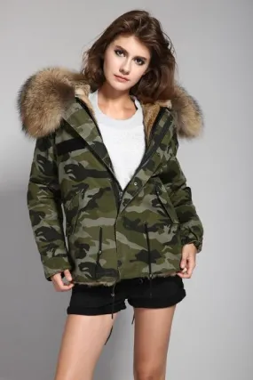 Winter jacket for women with hood fur camouflage